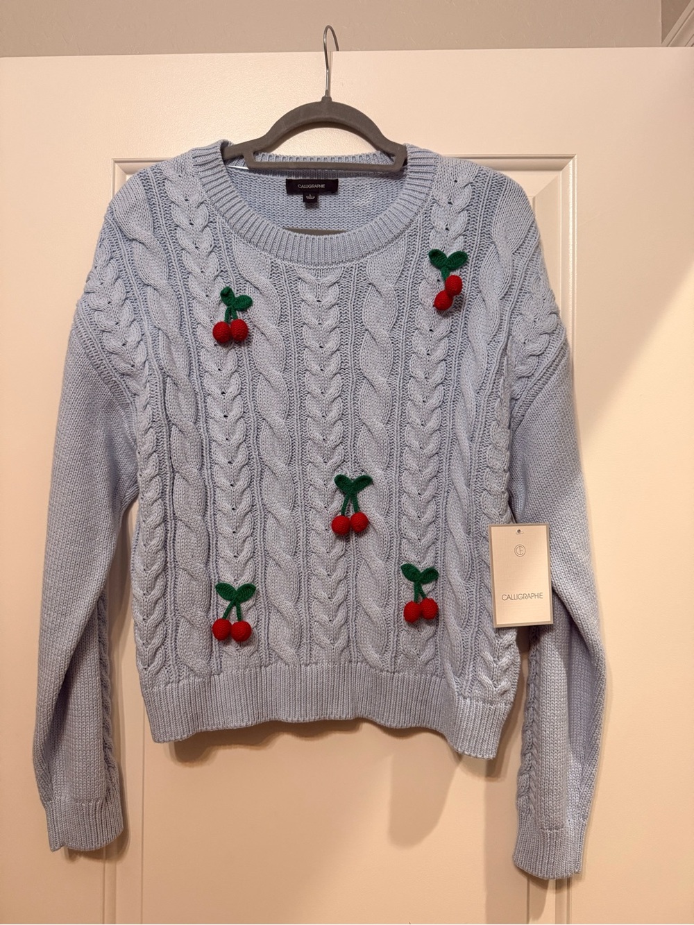 Calligraphie Light Blue Cable Knit Cherry Sweater